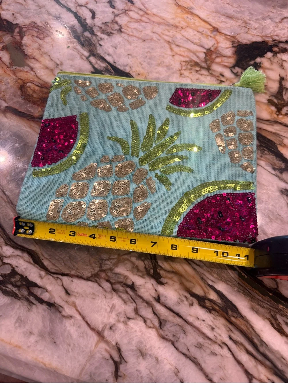 Mud Pie Aqua and Lime Zip Pouch with Pink Accent